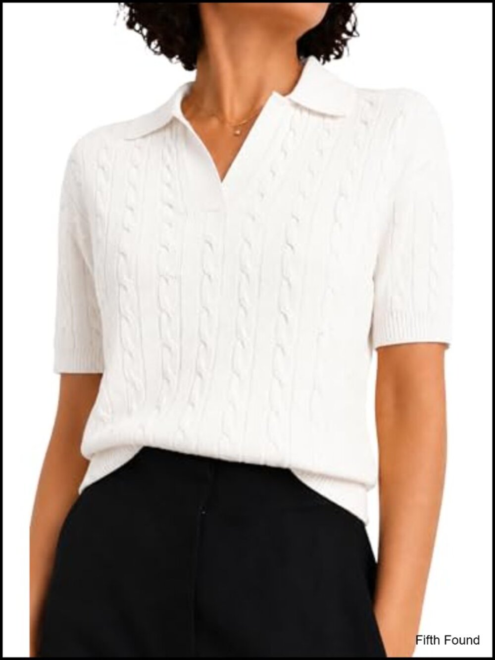 Cable Knit Short Sleeve Sweater V Neck Collared Pullover Top